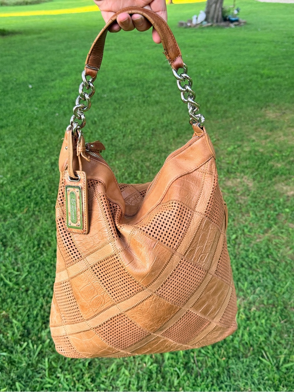 b. makowsky Tan Patchwork Leather Hobo with Chain Accent